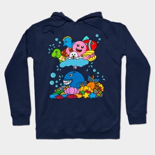 doodle type design depicts the underwater world of various marine animals Hoodie